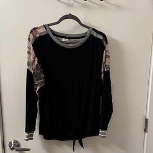 Anthropologie Black Long-Sleeve Knit Top with Patterned Sleeves
